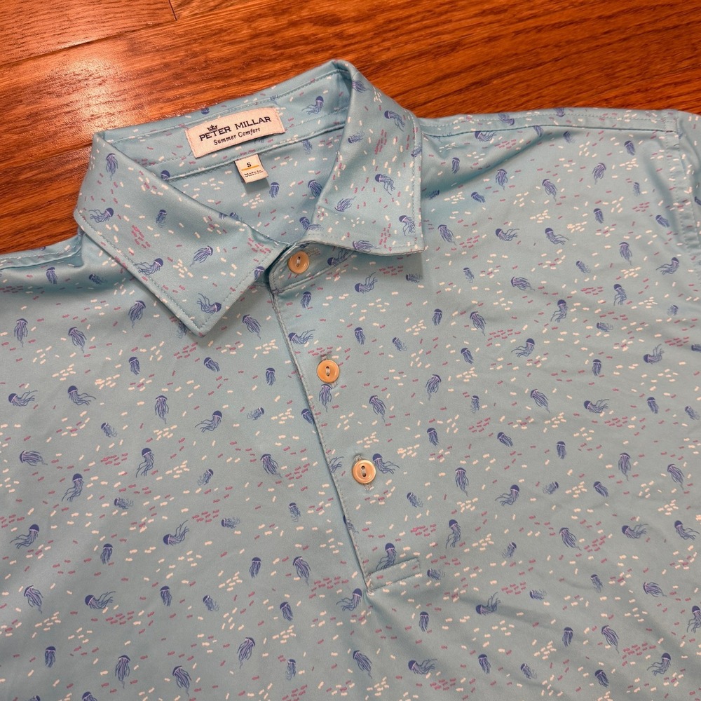 Peter Millar Summer Comfort Golf Polo Shirt Mens Small Blue Jellyfish Print AOP